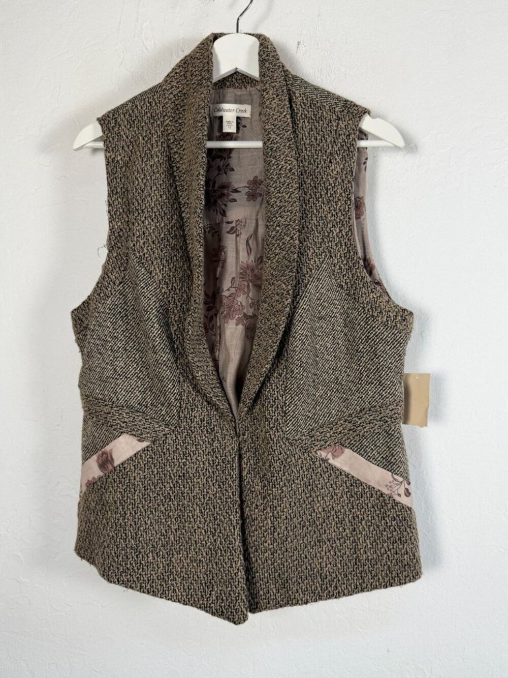 Coldwater Creek Womens Brown Mixed Media Tweed Vest Floral Trim Size 12 NWT $89